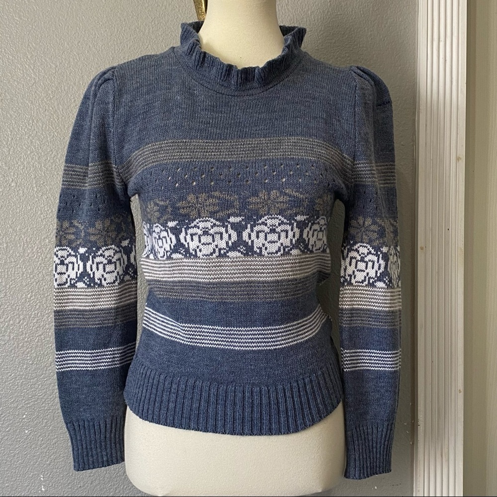 Laurente vintage muted colors, rosette print, wool blend sweater, cottage core